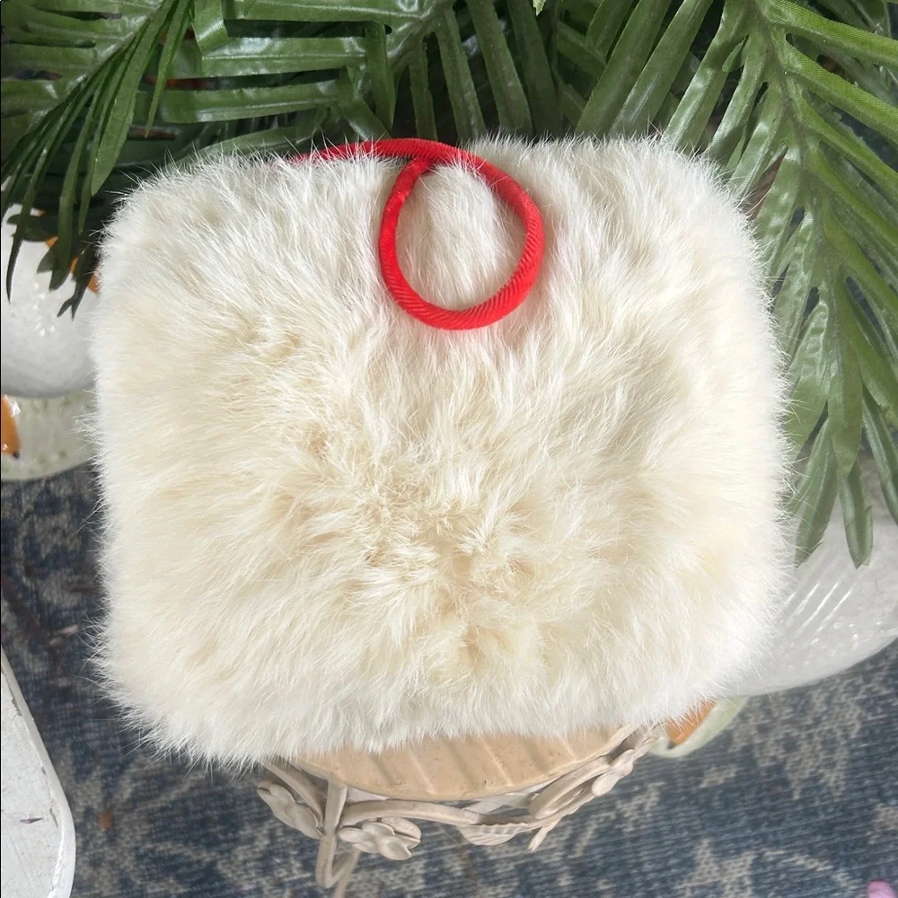 Vintage 60’s White Rabbit Fur Hand Muff with Red Strap